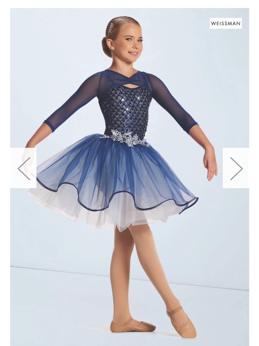 Weissman Navy Sequin Tulle Dance Costume with Floral Waist